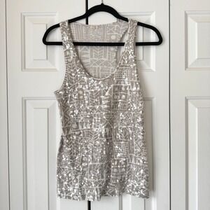 J. Crew Geometric Tribal Print Sequin Racerback Tank Top Beige Silver Small